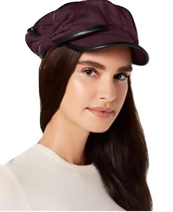 I.N.C. Women's Flannel & Faux-Leather Newsboy Cap, WINE, One Size